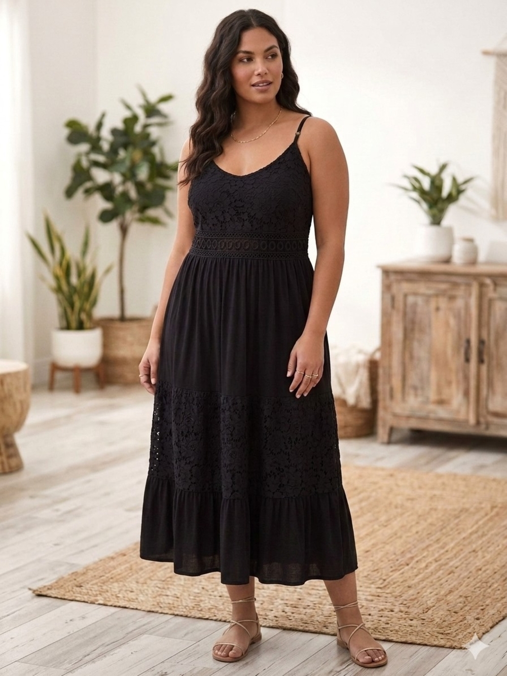 Black Lace-Detail Spaghetti Strap Midi Tiered Dress Chic Casual Whimsigoth M